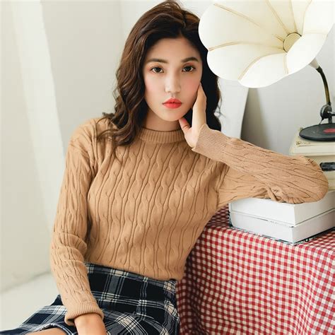 Womens Casual Sweaters Japanese Kawaii Ulzzang Loose Solid Color Round Neck Twist Sweater