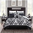 Queen King Bed Black White Flocked Damask Scroll 8 pc Comforter Set ...