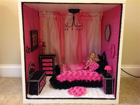 finished barbie bedroom all made from cardboard and things around the house barbie bedroom