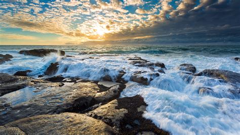 Wallpaper Nature Sea Waves Rocks Stones Sky Clouds Sunset