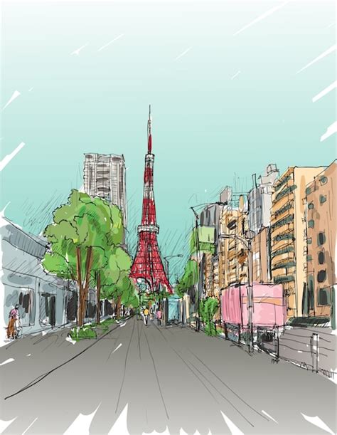 Premium Vector Sketch Of Tokyo Tower With Cityscape And Walkstreet