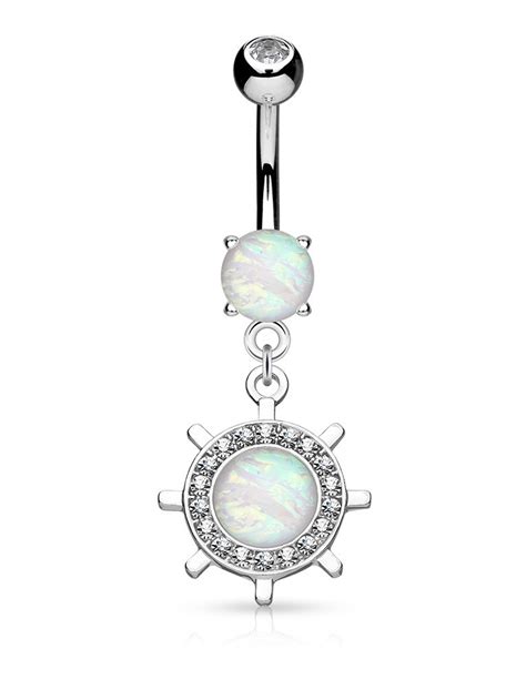 Body Accentz Belly Button Ring Opal Glitter Set Yacht Wheel Dangle Surgical Steel Navel