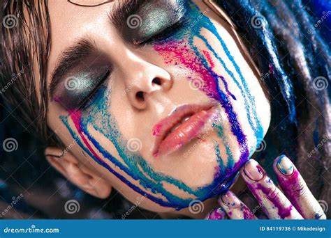 Portrait Of A Woman With Painted Face Creative Makeup And Bright Style Stock Photo Image Of
