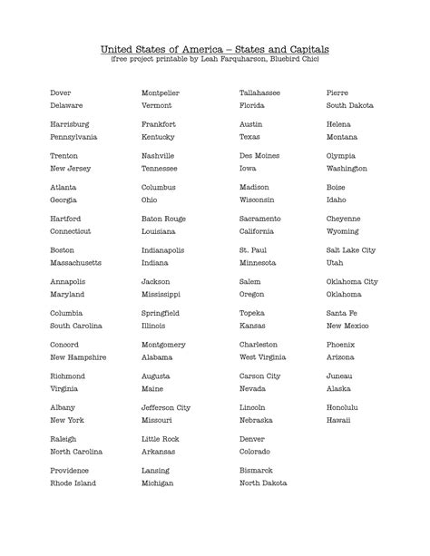 Printable List Of State Capitals