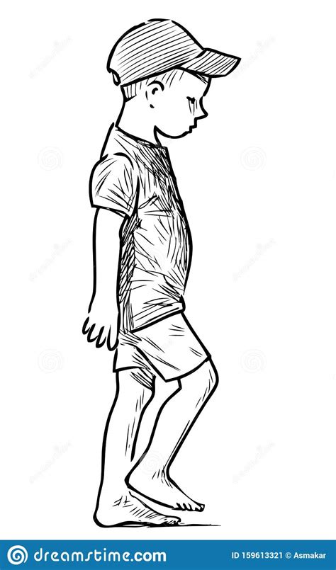 Sketch Of One Little Boy Barefoot Strolling On Beach Stock Vector