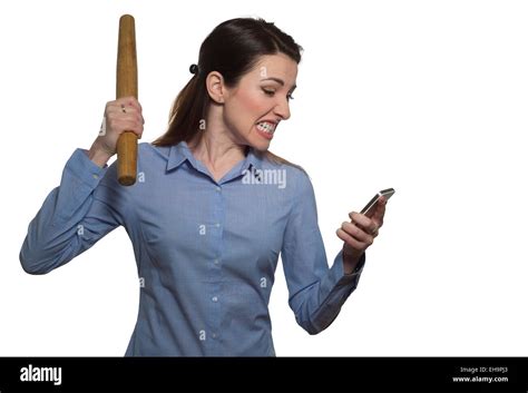 Angry Woman Screaming And Threatens With Rolling Pin Holding A Phone Isolated On White