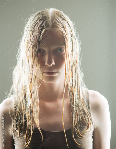 Albino Woman With Wet Blond Long Hair Sensual Woman With Natural