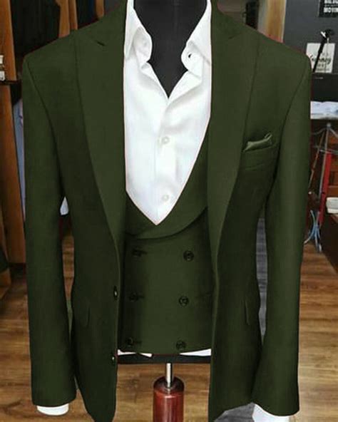 Peak Lapel Dark Army Green Wedding Groomsmen Suits Prom 3 Pieces Jack