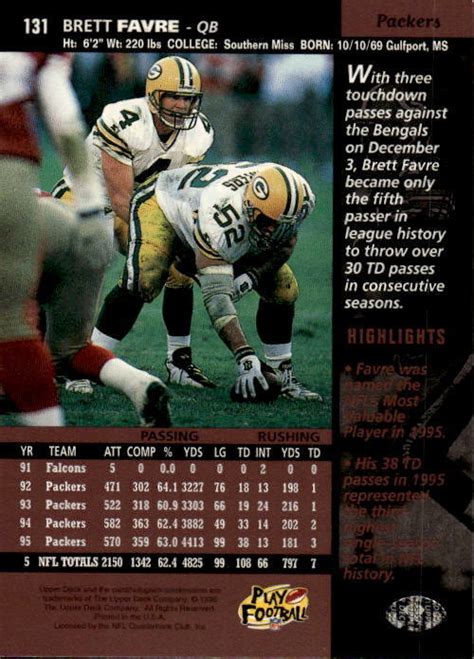 1996 Upper Deck Brett Favre 131 Green Bay Packers 8J EBay