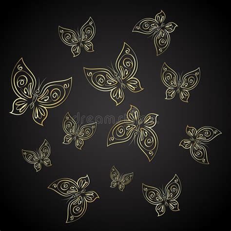 Gold Butterflies On A Black Background Stock Illustration