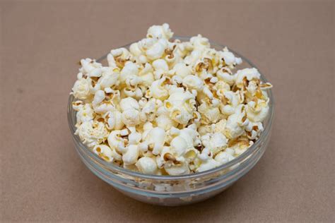 Glass Bowl Full Of Homemade Popcorn On The Table Stock Photo Image Of