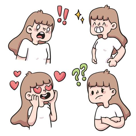 Girl Different Kind Of Reaction Set Cute Cartoon Illustration 1893234