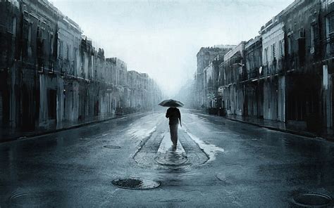 Alone Man Walking Rain Umbrella