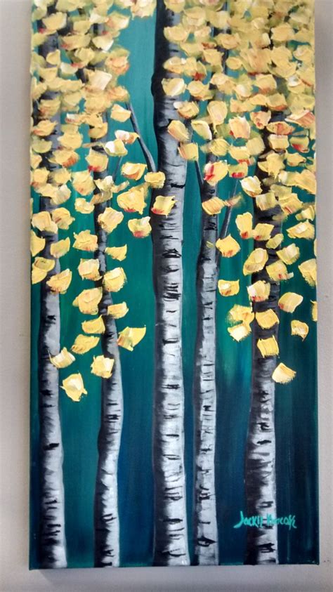 Original Textured Teal And Yellow Birch Tree Painting Birch Tree