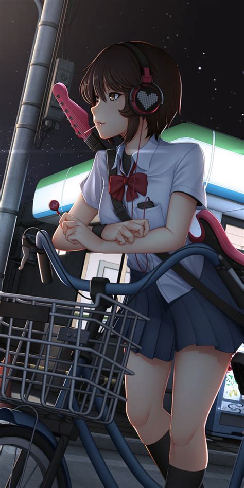 1080x2160 Cute Anime Girl With Bicycle Listening Music On Headphones