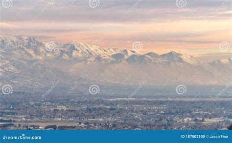 Panorama Stunning Wasatch Mountains And Utah Valley With Houses Dusted