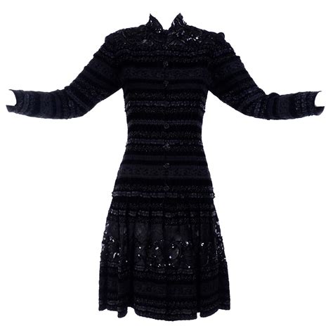 Emanuel Ungaro Vintage Black Velvet Dress W Lace Sequins Ribbons And