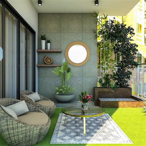 Spacious Balcony Design With Cushioned Chairs And Concrete Wall Livspace