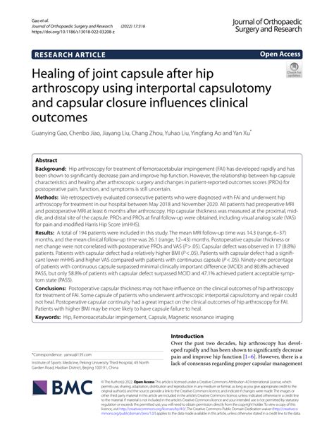 Pdf Healing Of Joint Capsule After Hip Arthroscopy Using Interportal