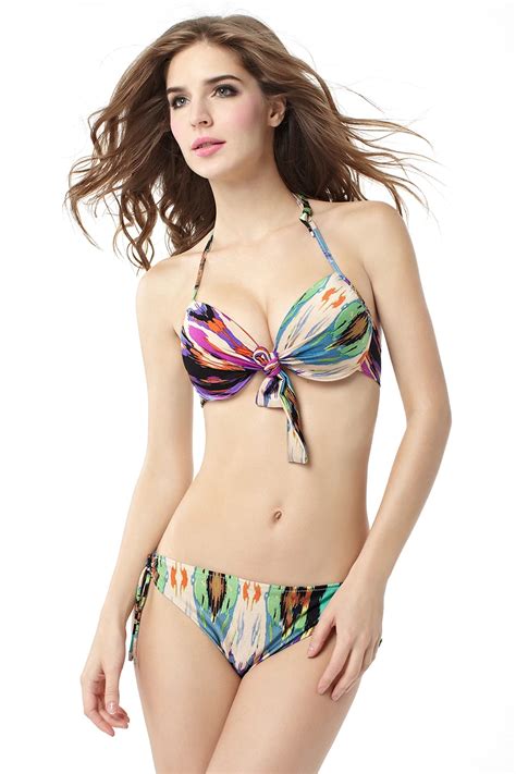 Woman Lady Summer Sexy Halter Painting Brazilian Bikini Aztec Triangle Push Up Bra Bathing Suits