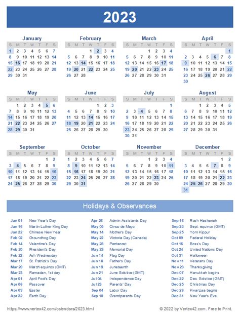 Free Printable 2023 Calendar With Holidays