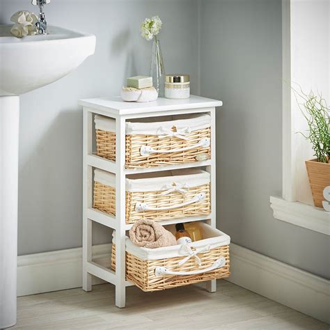 Vonhaus 3 Wicker Basket Storage Bathroom Cabinet Drawers Unit White