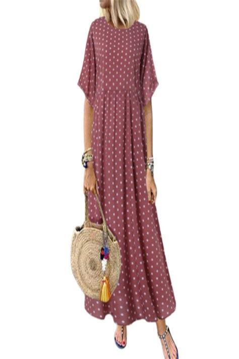 Zanzea Womens Polka Dot Short Sleeve Long Dresses Baggy Kaftan Maxi