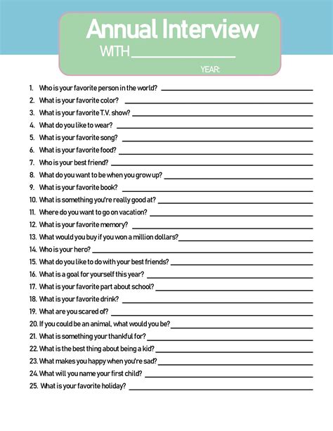 Interview Questions To Ask Your Kids Every Year Free Printable The