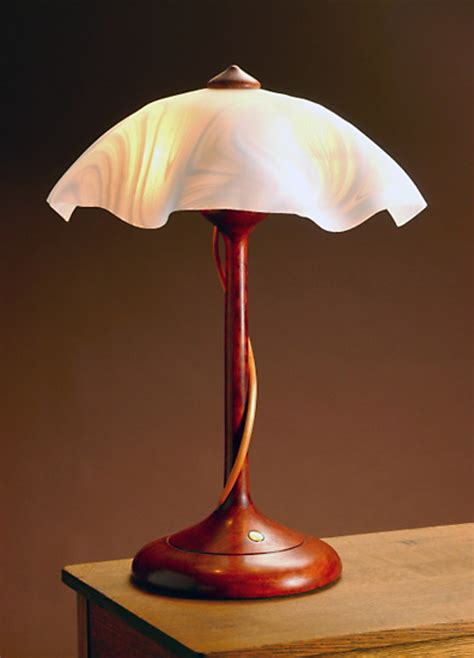 Tendril Table Lamp With White Swirly Shade By Clark Renfort Wood Table