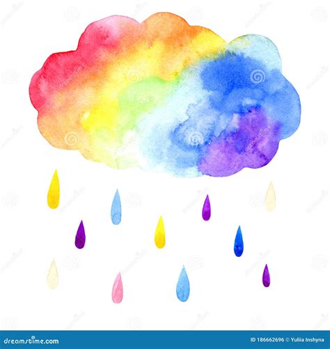 Watercolor Rainbow Cloud With Raindrops Vector Illustration