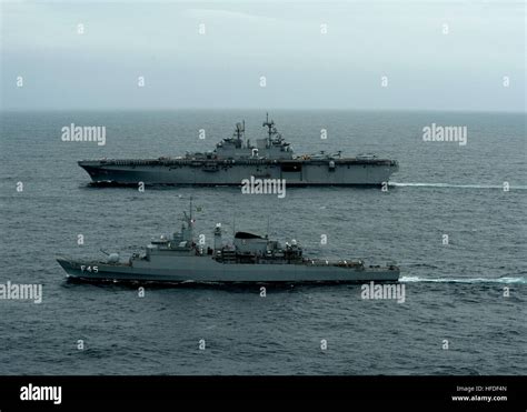 The Future Amphibious Assault Ship Uss America Lha 6 Sails Alongside Bns União F 45 A