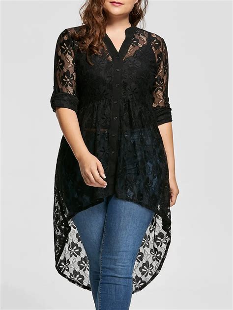 women plus size blouse 2018 autumn peplum long sleeve high low lace shirts tunic through button
