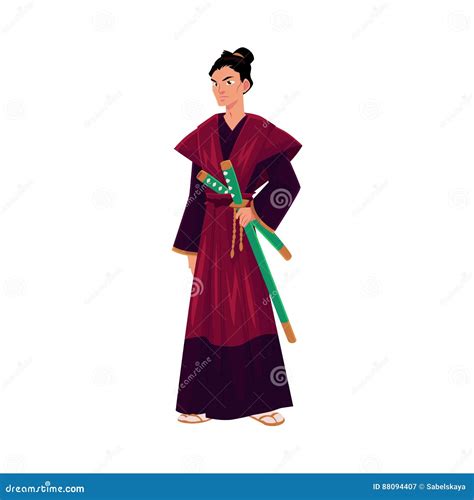 Japanese Samurai Warrior In Traditional Kimono With Katana Swords