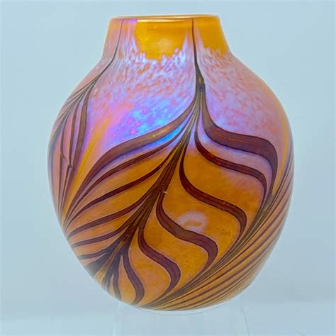 Lot 53 Vibrant Orange Glass Vase W Pulled Feather Art Glass Signed By Jon Bush Denver