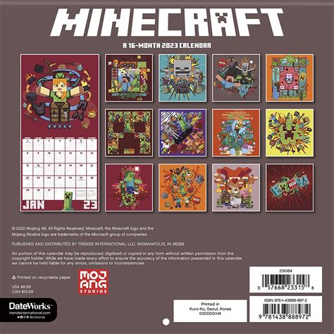 Calendario Minecraft 2023 Paquete De Mini Calendario De Minecraft De