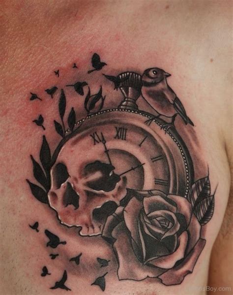 Skull And Clock Tattoo On Chest Tattoo Designs Tattoo Pictures