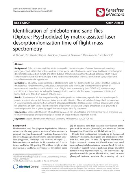 PDF Identification Of Phlebotomine Sand Flies Diptera Psychodidae By Matrix Assisted Laser