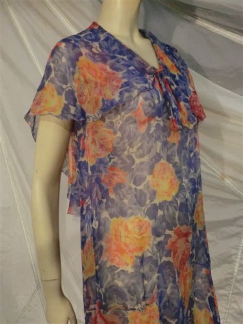 1920s Silk Chiffon Floral Print Dropped Waist Flutter Sleeve Tea Dress