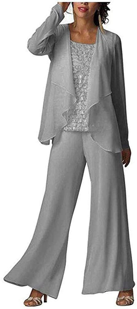women s 3 pc grey lace bodice chiffon outfit pants suits for mother of the bride plus size