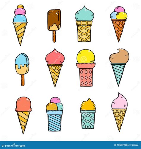 Tasty Ice Creams Isolated On White Hand Drawing Color Sketch Vector