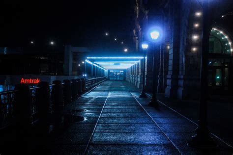 City Dark Lamps Lights Night Pathway Street Train Station 4k
