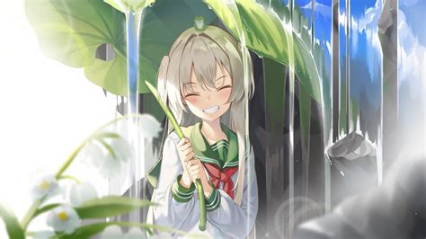 Download 1920x1080 Cute Anime Girl Smiling School Uniform Leaf