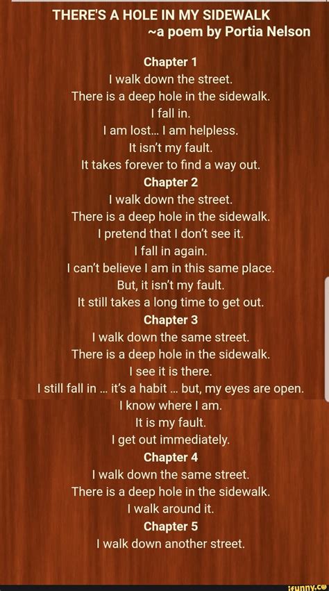 Theres A Hole In My Sidewalk A Poem By Portia Nelson Iwalk Down The