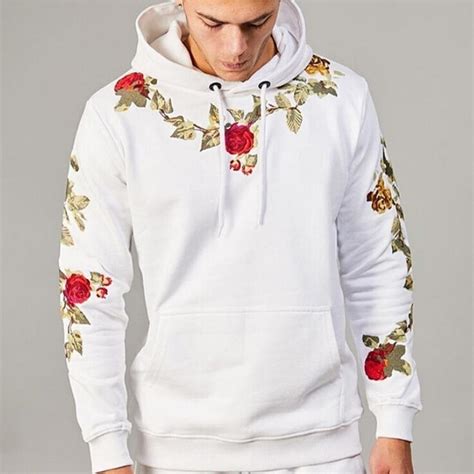 fdwerynh mens flower embroidery hoodies oversized sweatshirts autumn winter hip hop warm long