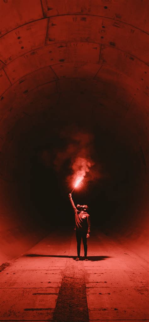 Red Flare Smoke Wallpaper 4k Tunnel Man In Mask Underground