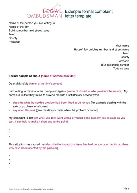 There are no statutory prescribed complaint letter samples. Example formal complaint letter template