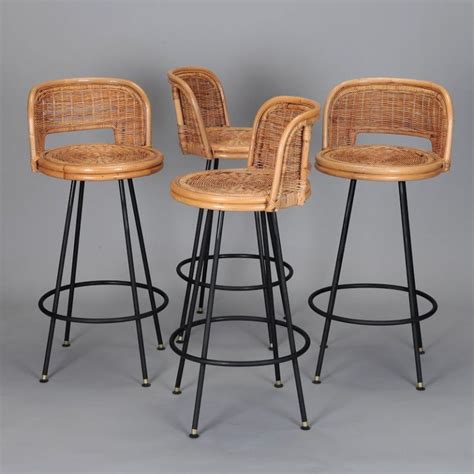 Set Of 4 Mid Century Rattan Swivel Bar Stools In Style Of Danny Mid