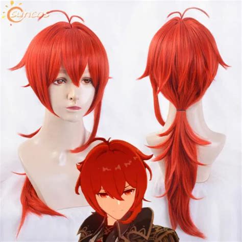 Anime Genshin Impact Diluc Long Red Hair Hairpiece Cosplay Daily Full