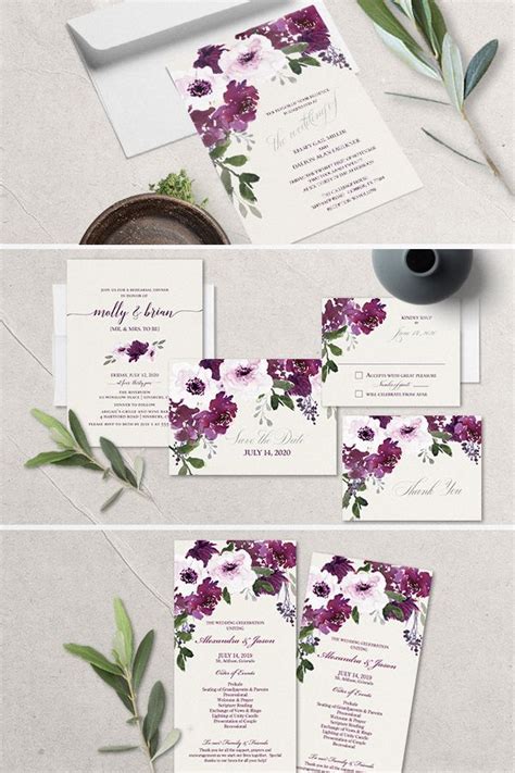 Plum Floral Wedding Invitations Watercolor Greenery Purple Flower