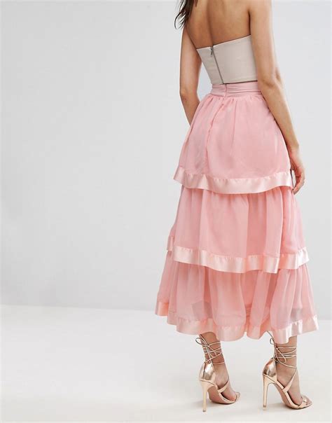 Prettylittlething Tiered Maxi Skirt In Pink Lyst